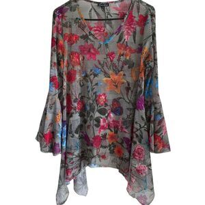 Dor Dor Couture Mesh Boho Floral Bell Sleeve Tunic Size M Vibrant Quirky